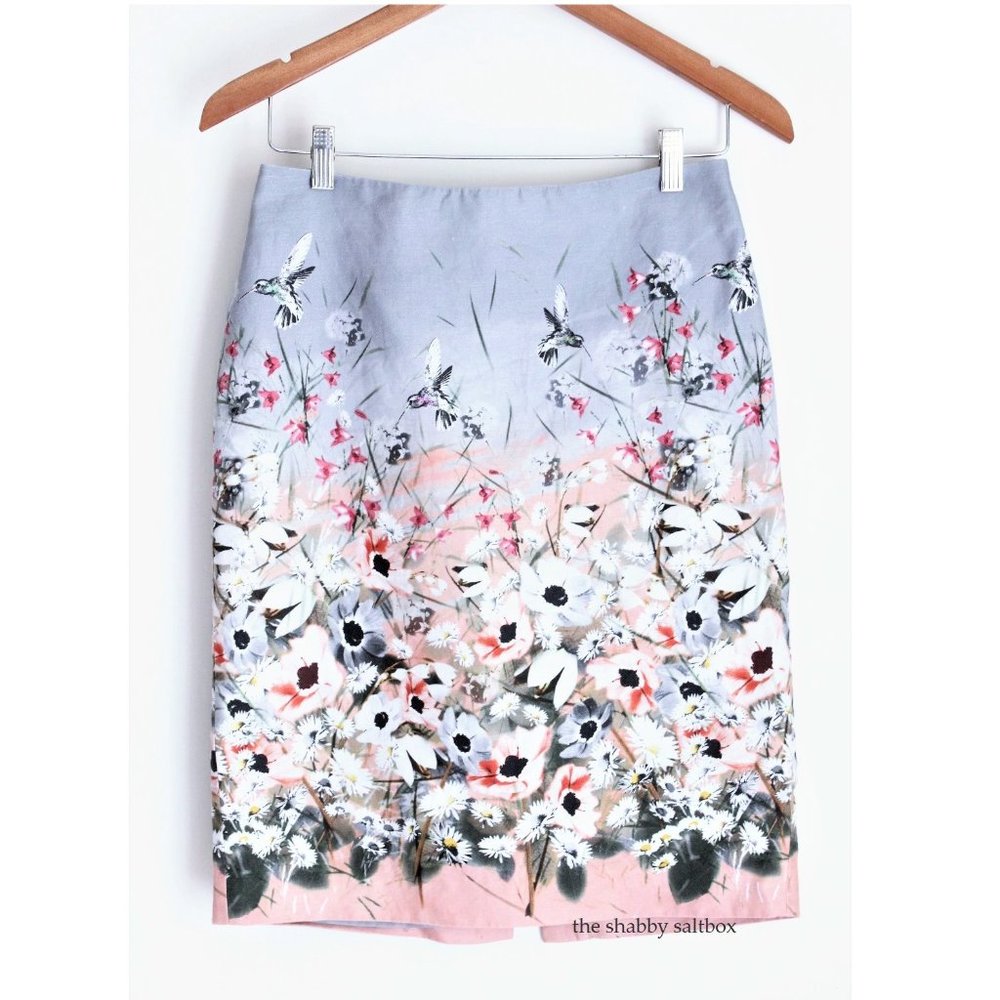Talbots Linen Blend Floral Pencil Skirt Size 4 Fully Lined Hummingbirds Pastels
